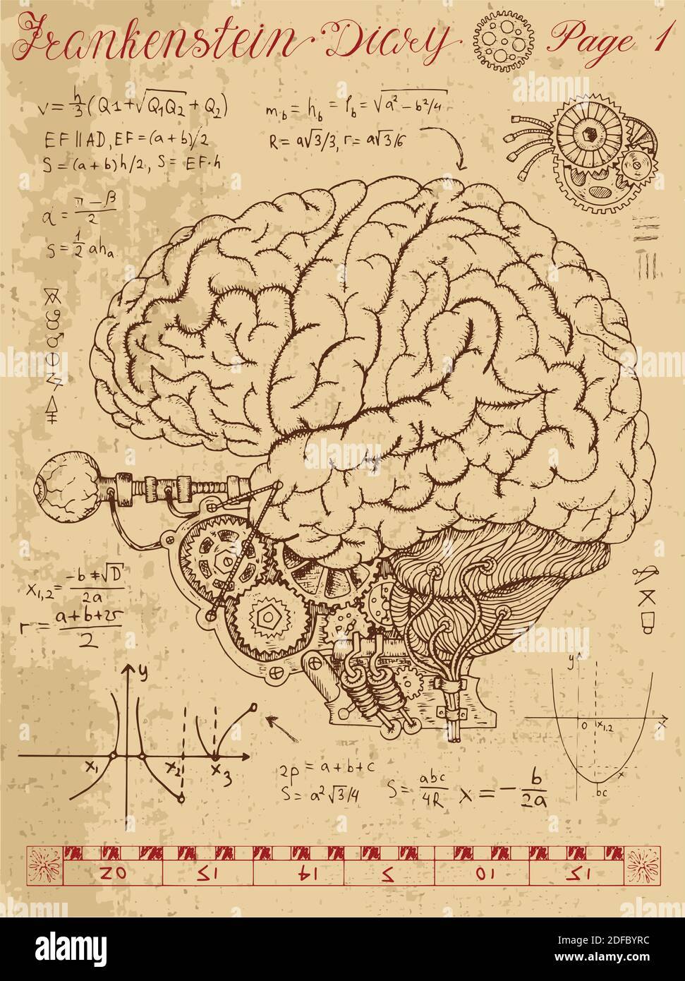 Insieme lineare grafico con corpo e parti meccaniche e vecchi meccanismi. Steampunk e concetto di tecnologia antica. Illustrazione Vettoriale