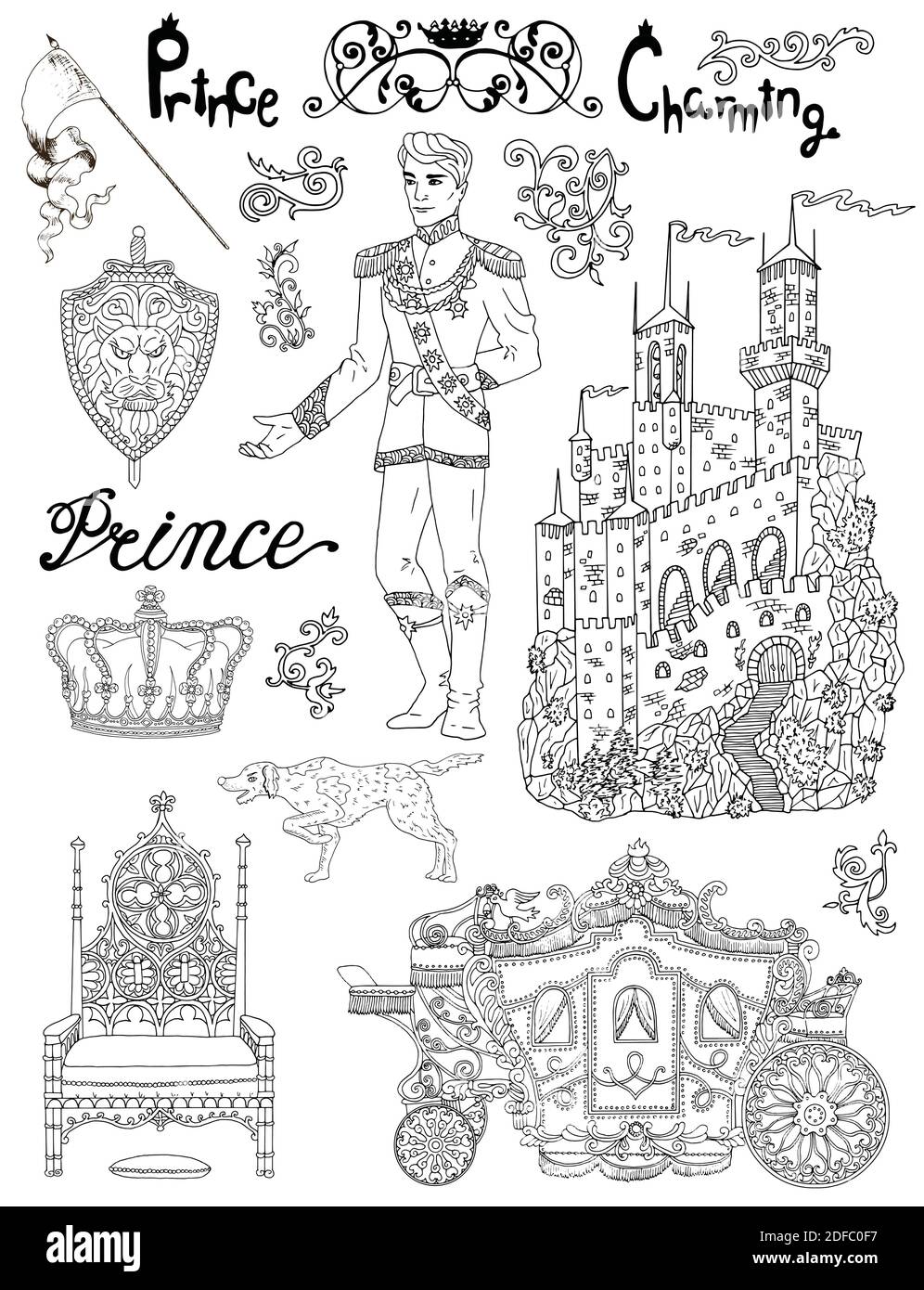 Doodle Set con il principe reale e principessa concetto e accessori Illustrazione Vettoriale