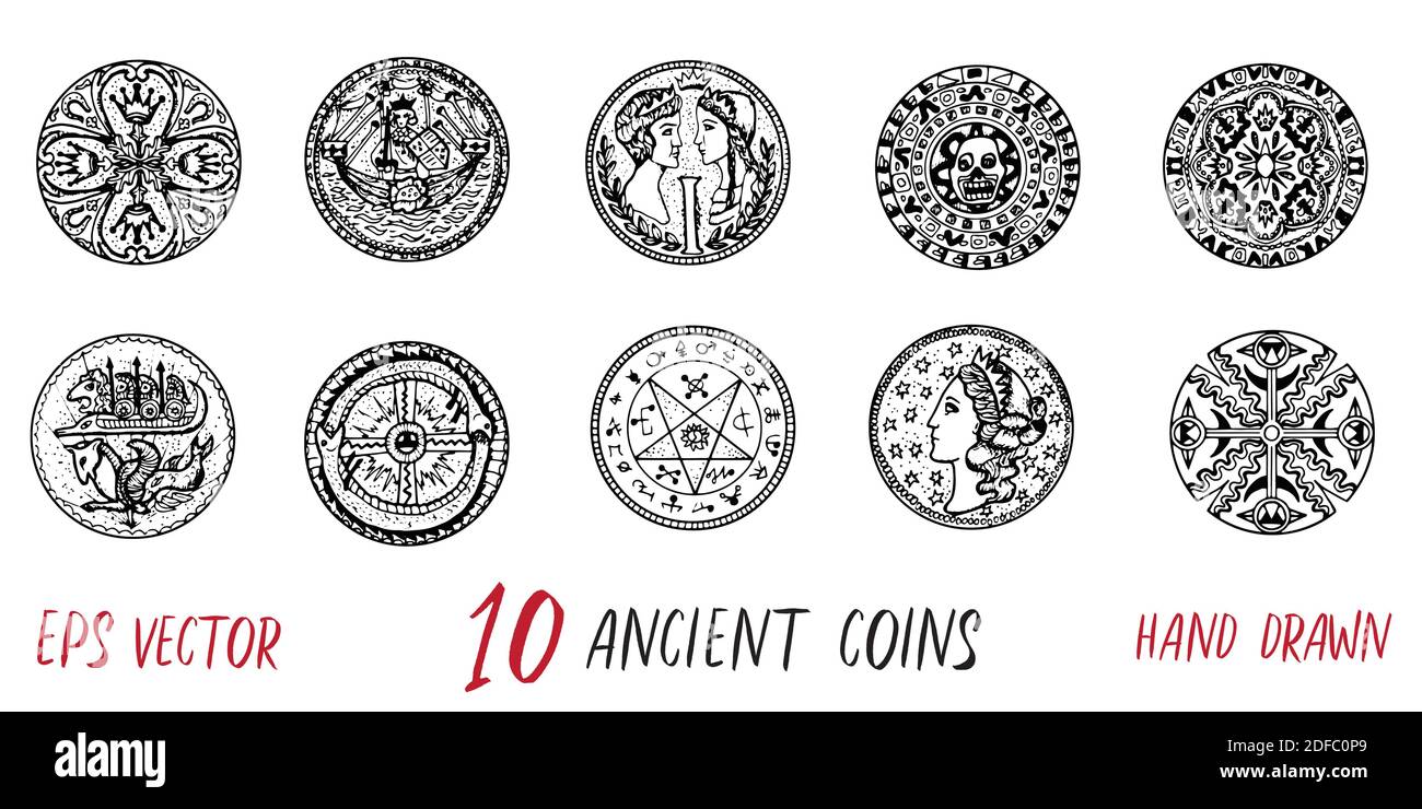 Collezione d'epoca con dieci monete antiche. Doodle disegnate a mano con disegni grafici Illustrazione Vettoriale