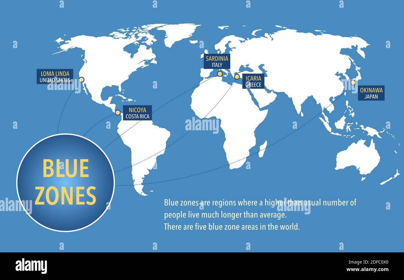 Mappa delle zone blu di longevità dove vivono le persone più a lungo del resto del mondo Foto Stock