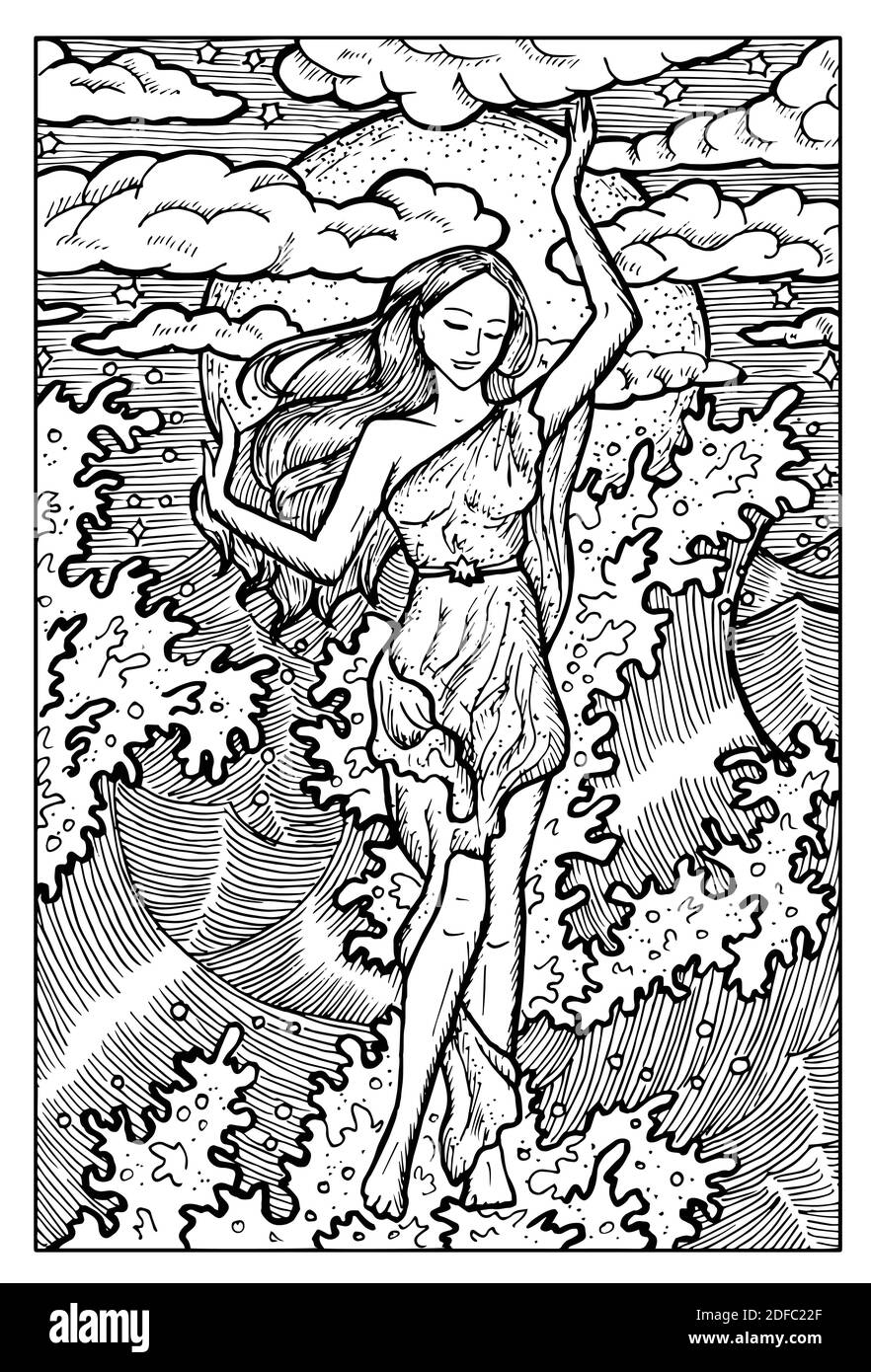 Ninfa di mare. Illustrazione Fantasy in bianco e nero incisa con creature mitologiche e personaggi Illustrazione Vettoriale