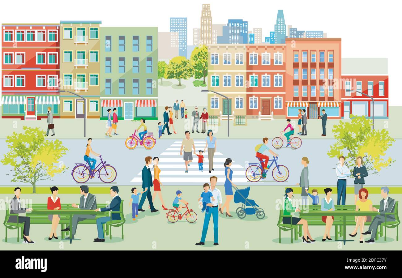 La silhouette della città con le persone sul marciapiede illustrazione Illustrazione Vettoriale