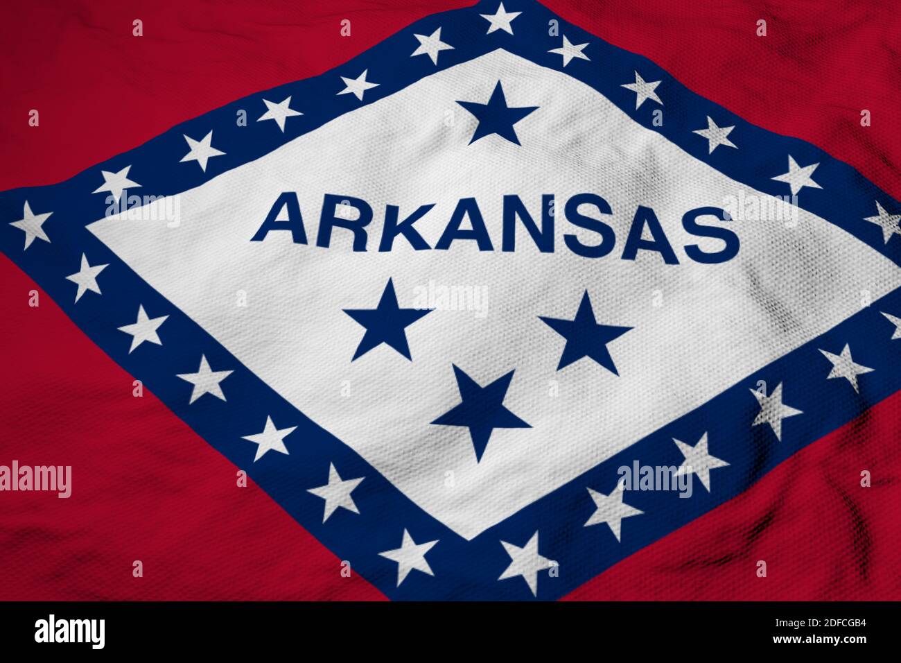 Primo piano su una bandiera ondulata dell'Arkansas (USA) nel rendering 3D. Foto Stock