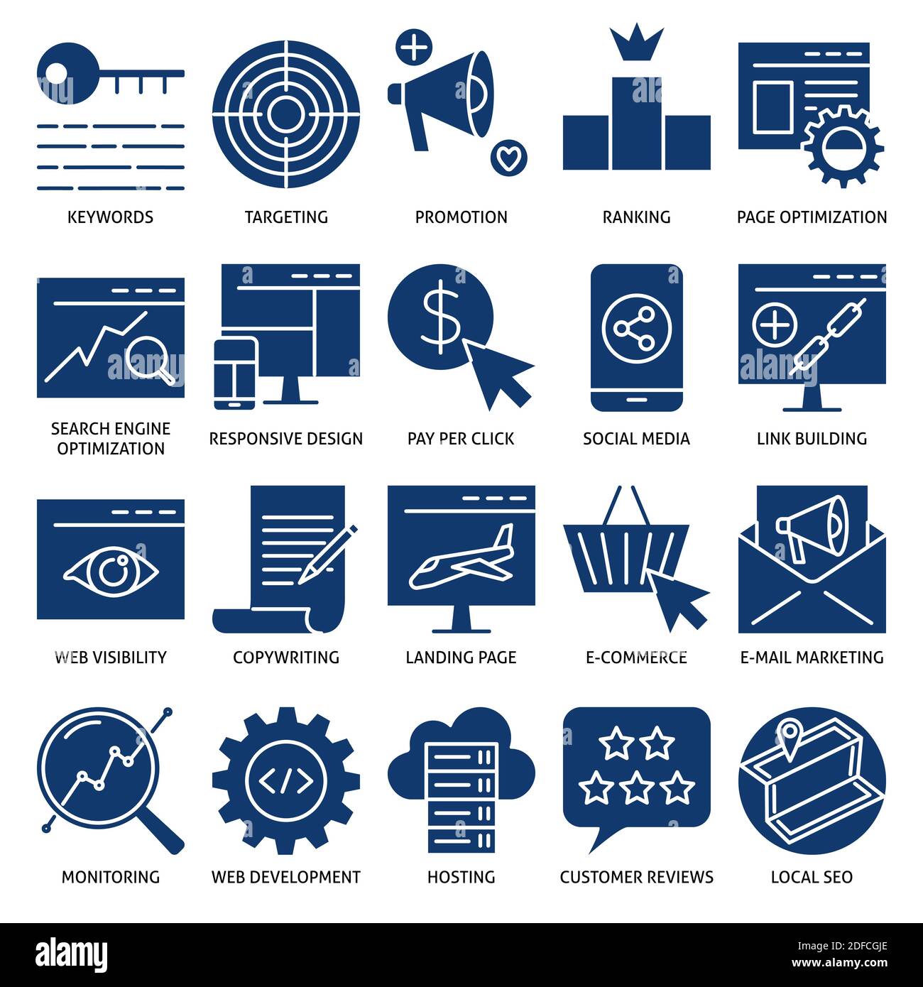 Icona servizi SEO in stile piatto. Raccolta di simboli di ottimizzazione dei motori di ricerca. Marketing digitale e sviluppo di siti web. Illustrazione vettoriale. Illustrazione Vettoriale