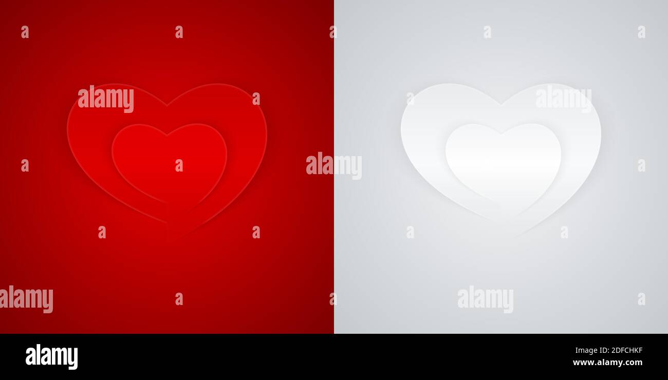 Carta annidata con forme cardiache tagliate. Icone d'amore rosse e bianche. Design delle carte per il giorno di San Valentino. Illustrazione Vettoriale