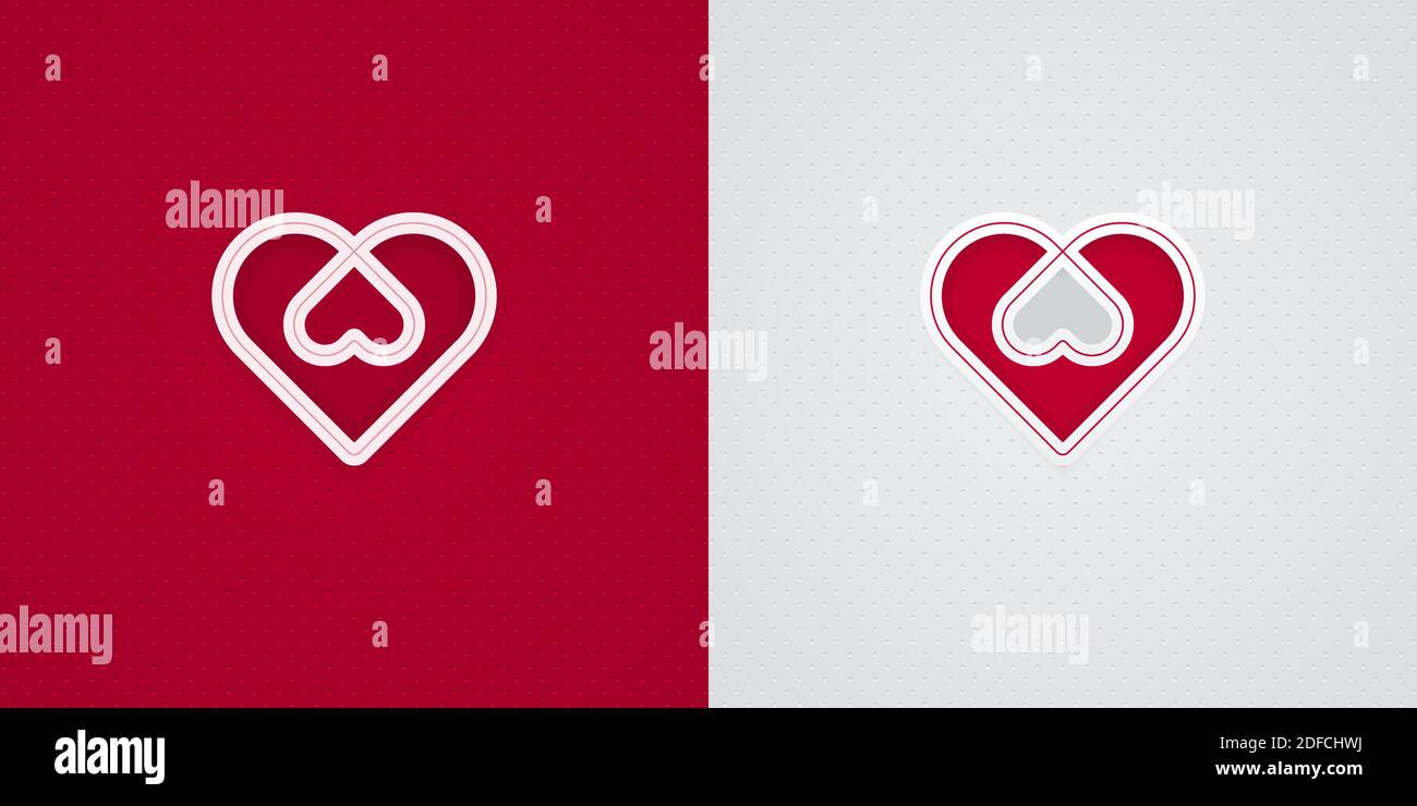 La carta rossa e bianca taglia le forme del cuore. Design delle carte per il giorno di San Valentino. Icone d'amore intrecciate. Illustrazione Vettoriale