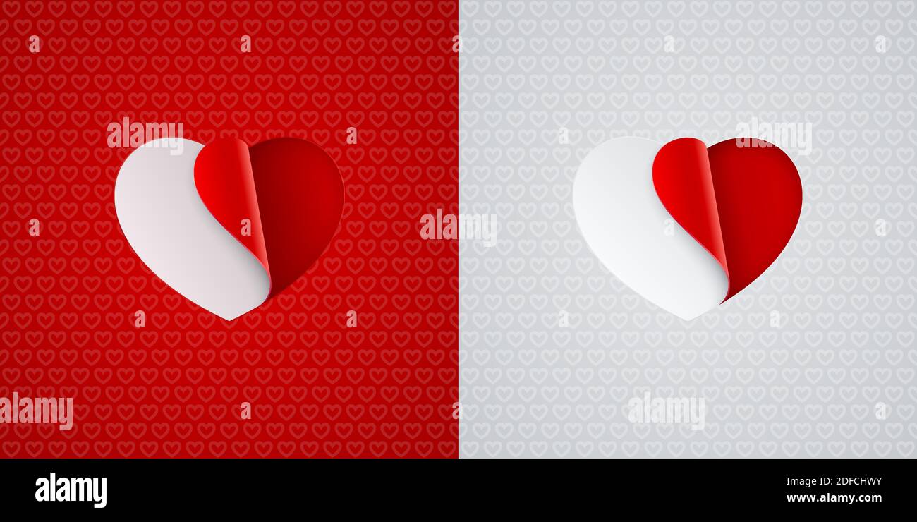 Adesivi a forma di cuore su sfondi a forma di cuore rosso e bianco. Icone d'amore, disegno di carte San Valentino. Illustrazione Vettoriale