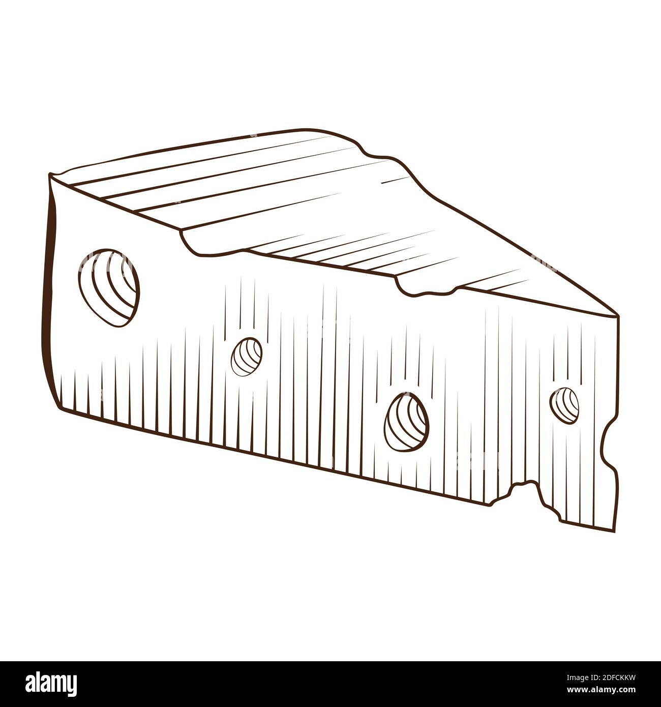 Disegno grafico di un pezzo di formaggio. Vettore prodotto caseario profilo realistico. Utilizzato per la progettazione di logo, ricettario, formaggi pubblicitari o menu di ristoranti. Illustrazione Vettoriale