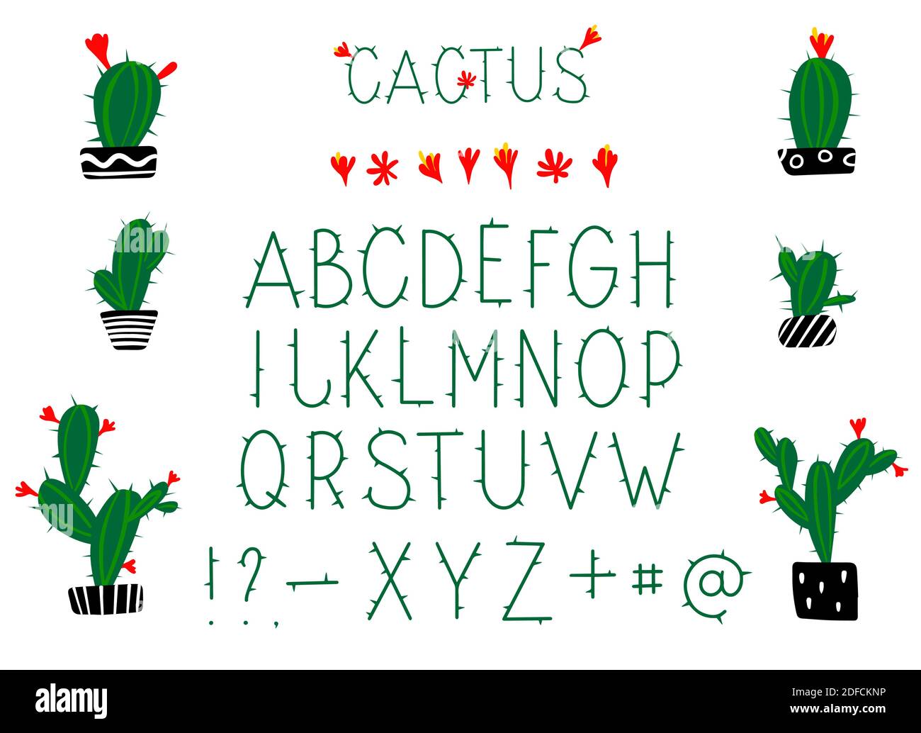 Alfabeto latino verde cactus prickly con fiori in fiore. Lettere in inglese. Disegno a mano isolato su sfondo bianco illustrazione vettoriale Illustrazione Vettoriale