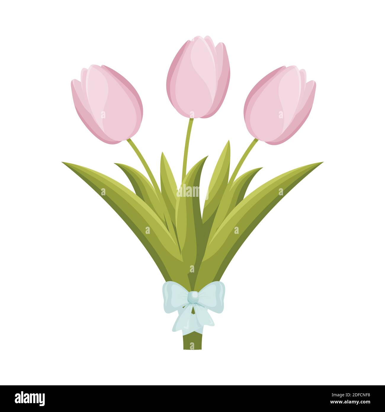 Bouquet di tulipani rosa cartoon con arco blu. Illustrazione vettoriale Illustrazione Vettoriale