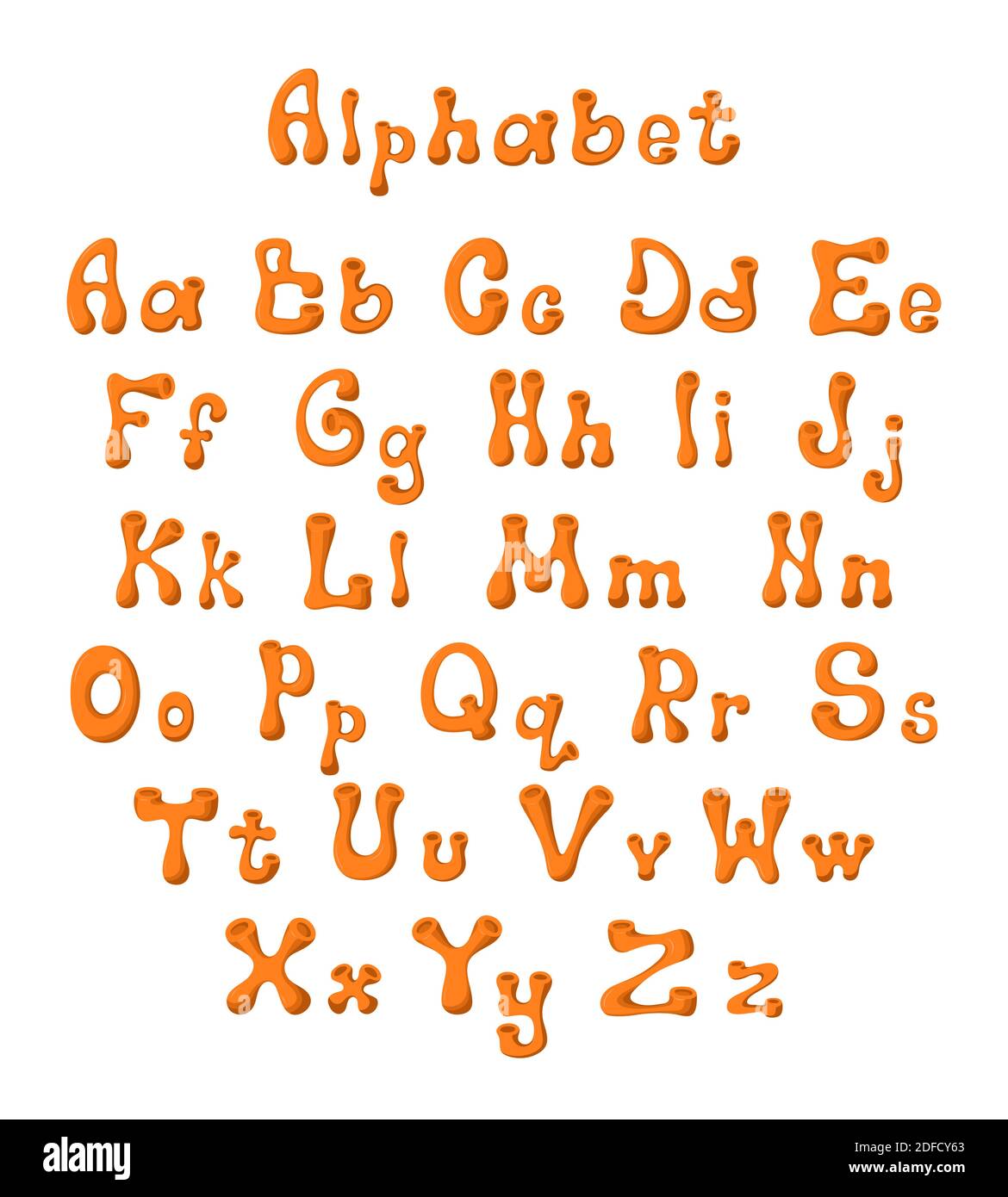 Alfabeto carino per bambini. Vettore volumetrico con lettere arancioni Illustrazione Vettoriale