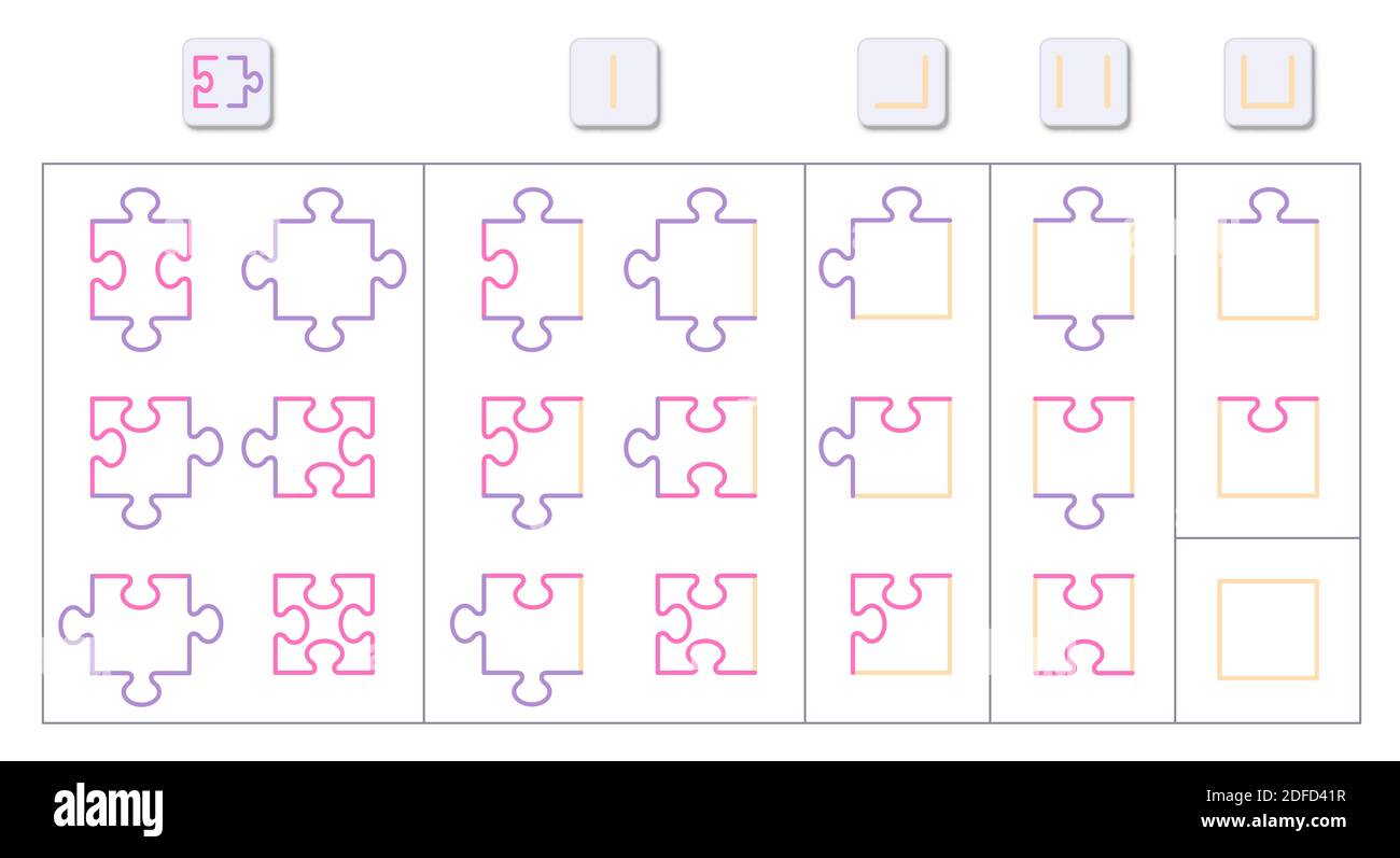 Jigsaw puzzle game science chart. Forme diverse di tutti i 21 pezzi possibili con sporgenze, rientranze, bordi e angoli. Set di esempi completo. Foto Stock