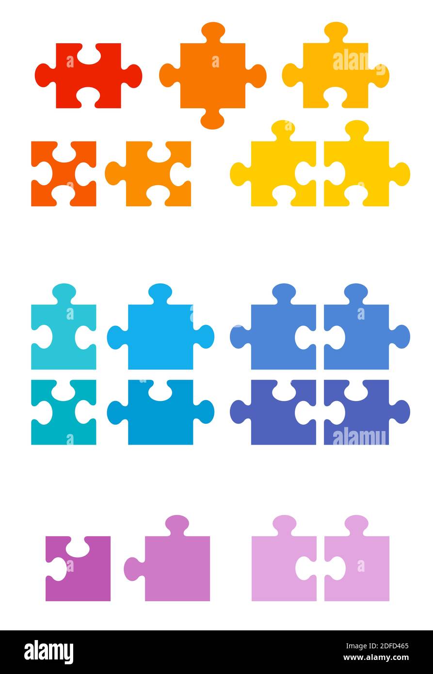 Diversi pezzi di puzzle. Possibili forme di un gioco normale con e senza bordi e angoli. Set di campioni colorati. Foto Stock