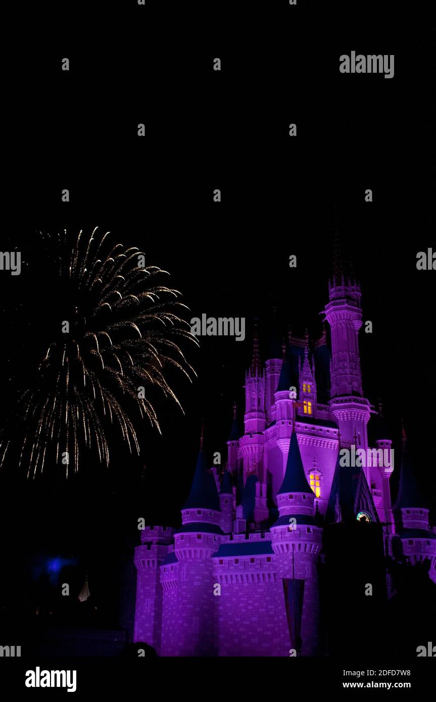 Fuochi d'artificio colorati di notte intorno al famoso castello Magic Kingdom, icona di molteplici film di Hollywood. Disneyworld Florida, Florida Stati Uniti Foto Stock