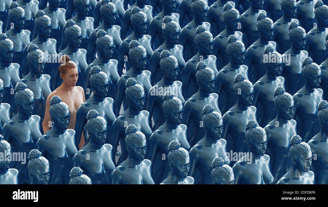 Robot cresce l'uomo, futuristico o fantascienza concetto di esseri umani clonati. illustrazione del rendering 3d Foto Stock