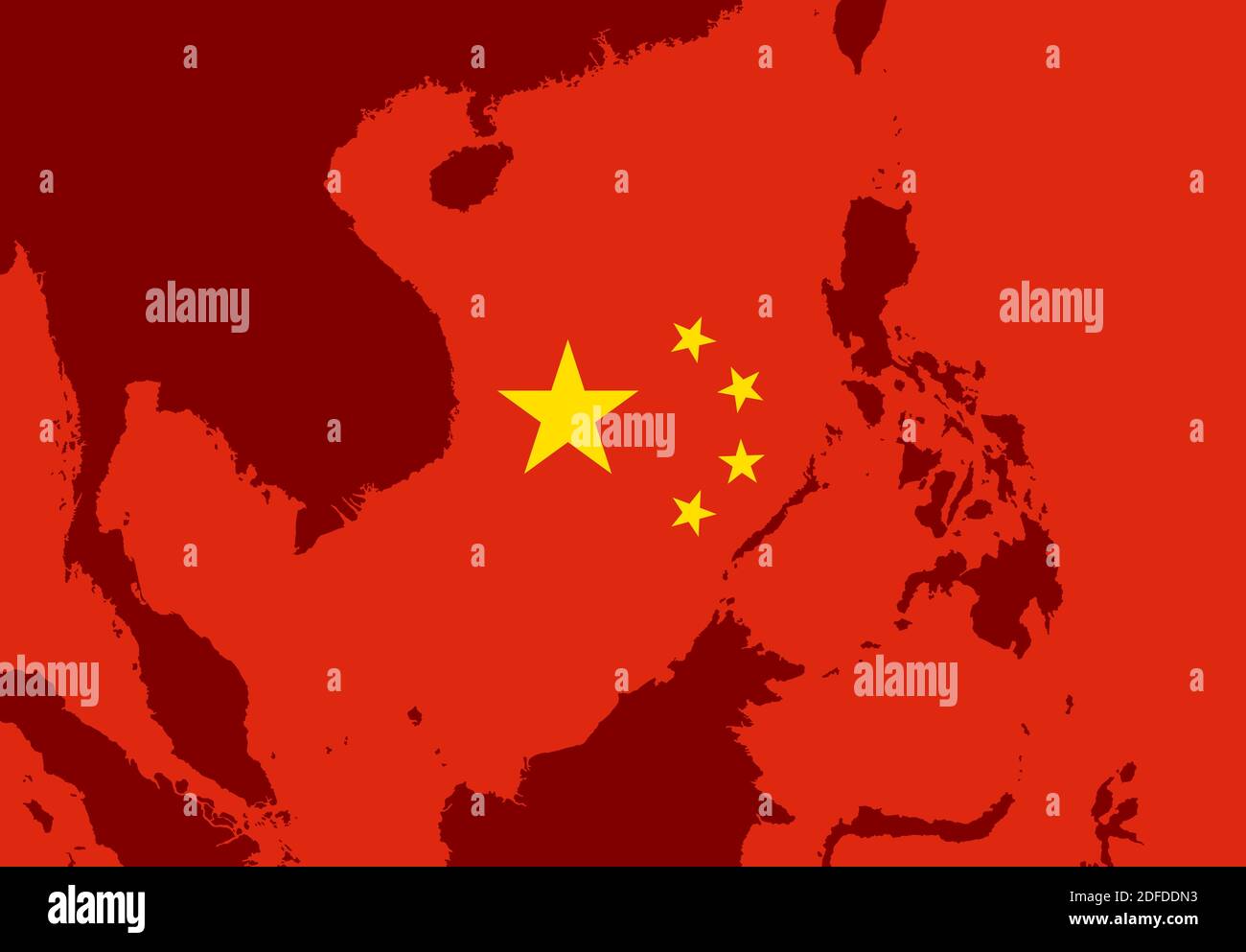 Territorio del Mare della Cina del Sud - bandiera cinese sull'area marittima e sulla zona in Asia - clain e bionging al paese, al paese e allo stato. Illustratore vettore Foto Stock