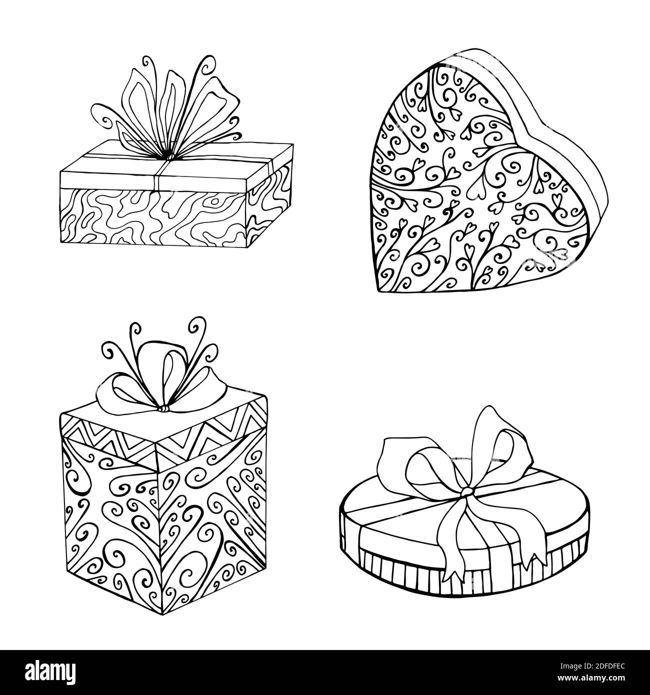 Confezioni regalo in bianco e nero per la sorpresa natalizia scatola con nastro per anniversario o regalo di compleanno per natale presente Illustrazione Vettoriale