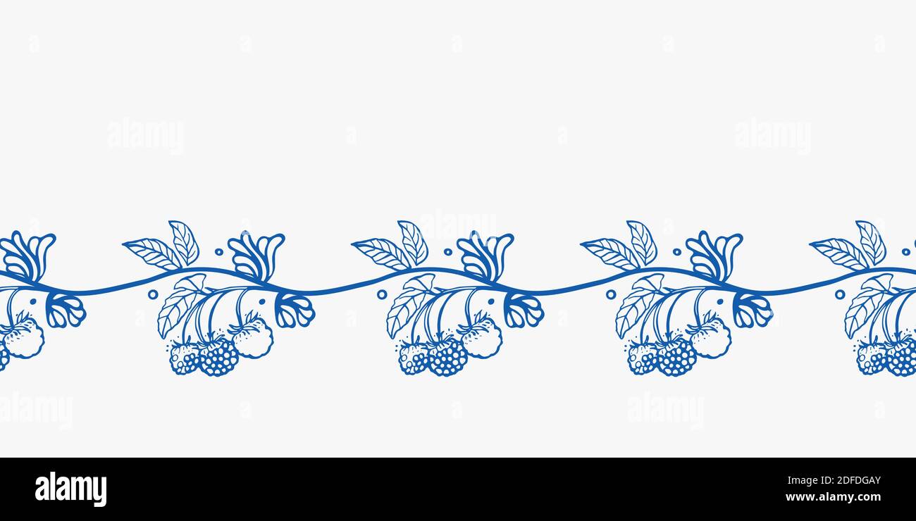 Vintage Porcellane Blue Floral Barocco Berry bordo. Sfondo vettoriale senza giunture... Design della penna a pennello. Utensili da cucina. Cibo, abbigliamento da cucina, festa estiva. File vettoriale EPS 10 Tile. Illustrazione Vettoriale