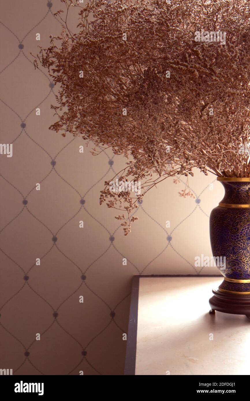 Vaso con fiori secchi sul tavolo in bella luce. Sfondo minimalista Foto Stock