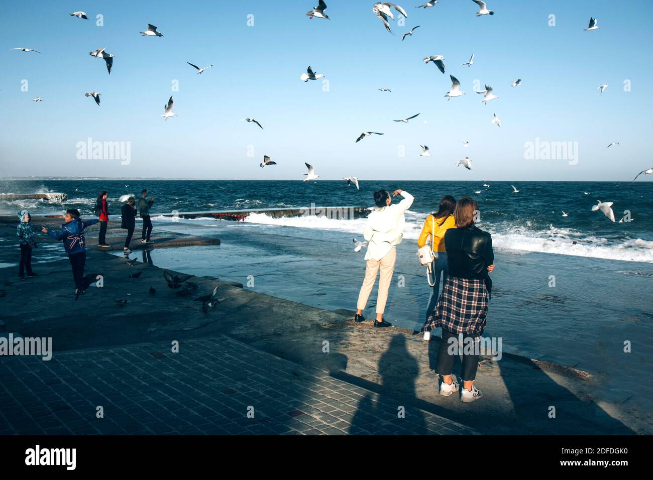 Odessa/Ucraina - 5 ottobre 2020: Tempesta mare, oceano e sfondo molti gabbiani sorvolare nel cielo. Le persone nutrono gli uccelli sulla riva. Foto Stock