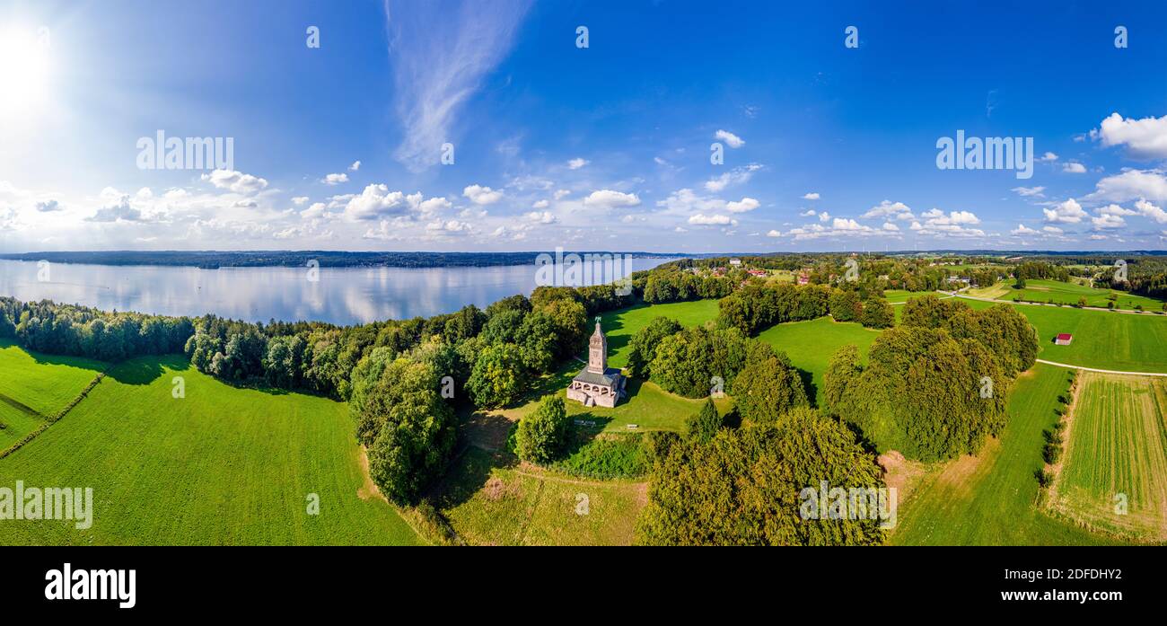 Torre Bismarck al Lago di Starnberg, Assenhausen vicino Berg, Fünfseenland, vista aerea, Alta Baviera, Baviera, Germania, Europa Foto Stock