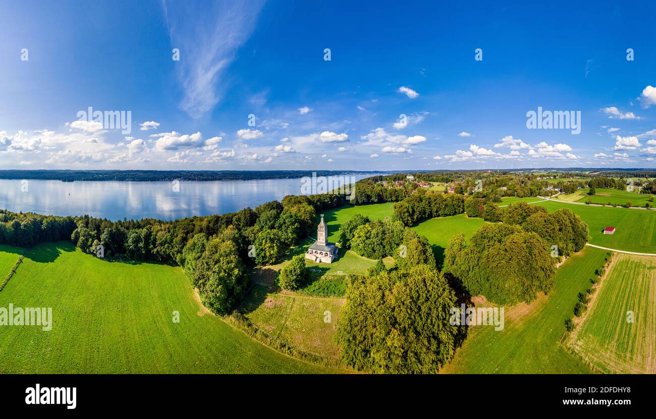 Torre Bismarck al Lago di Starnberg, Assenhausen vicino Berg, Fünfseenland, vista aerea, Alta Baviera, Baviera, Germania, Europa Foto Stock