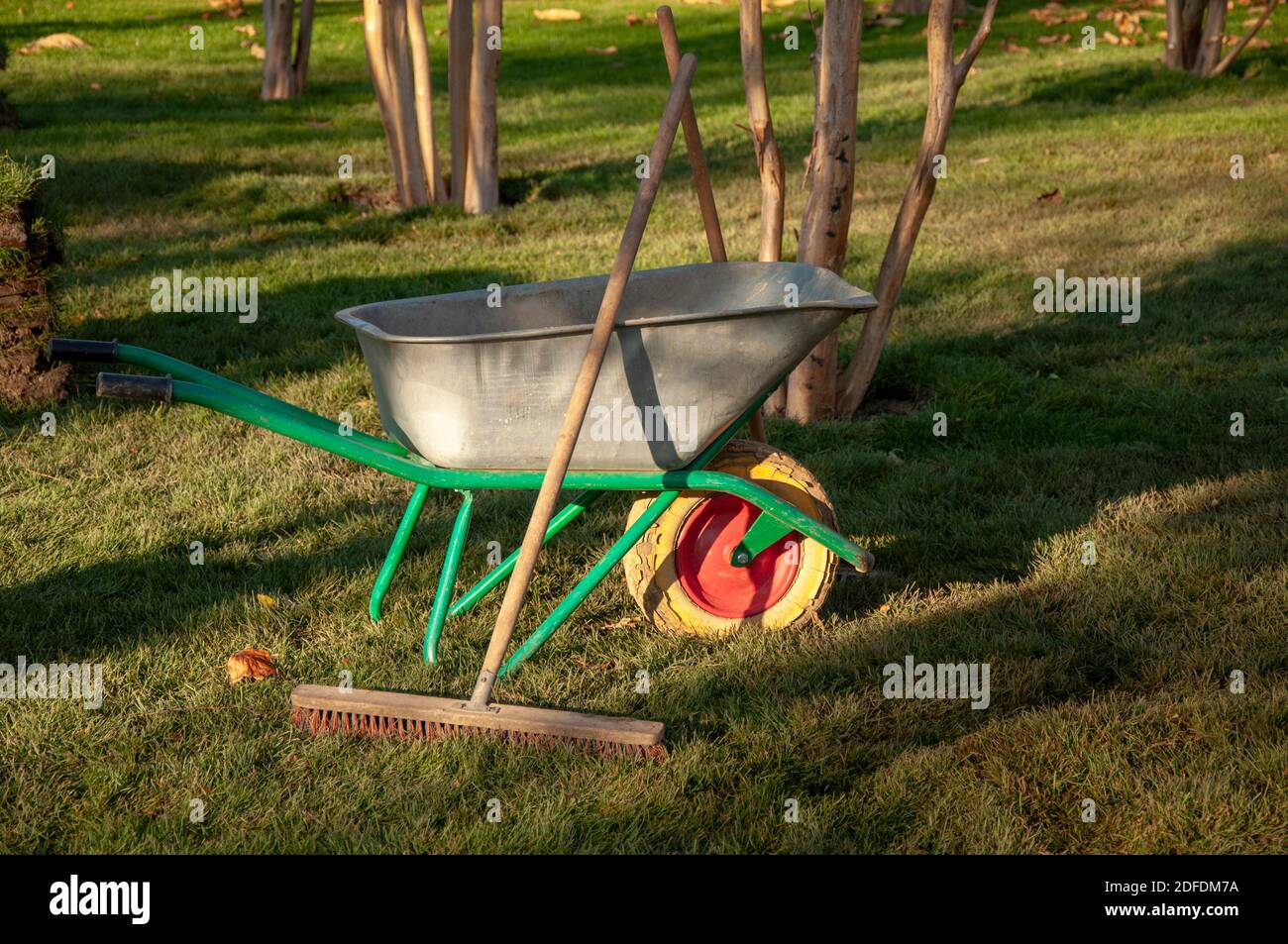 Carriola da giardino con una ruota su un'erba Foto Stock