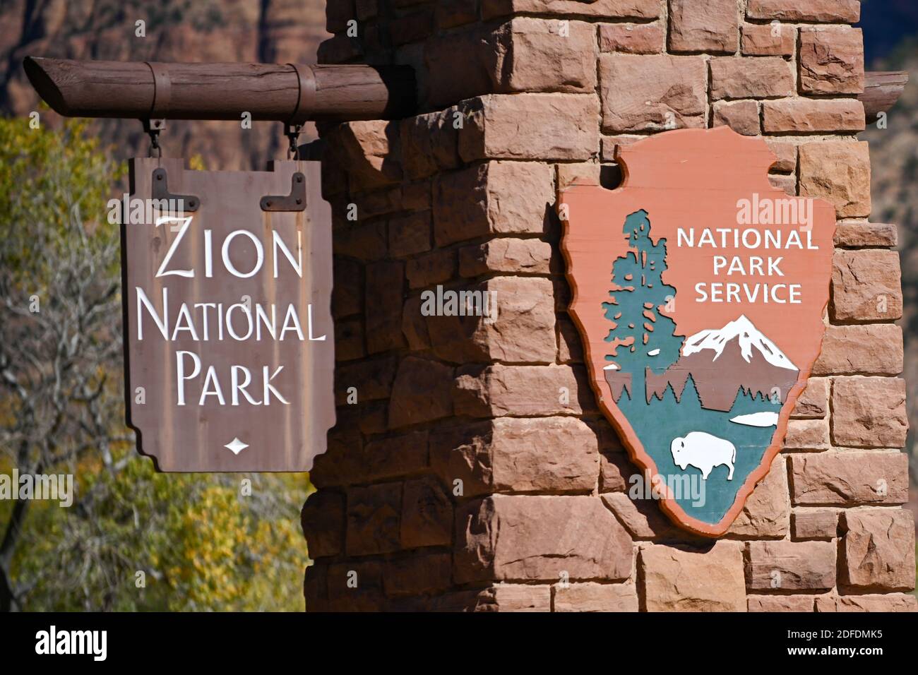 Vista generale della segnaletica del Parco Nazionale di Zion, mercoledì 11 novembre 2020, a Springdale, Utah. (Dylan Stewart/immagine dello sport) Foto Stock