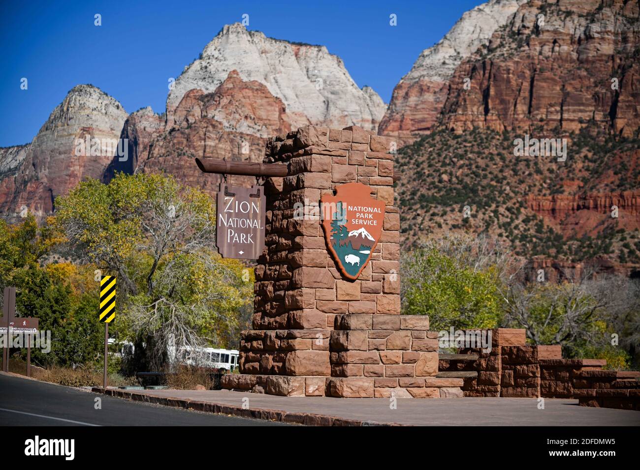 Vista generale della segnaletica del Parco Nazionale di Zion, mercoledì 11 novembre 2020, a Springdale, Utah. (Dylan Stewart/immagine dello sport) Foto Stock