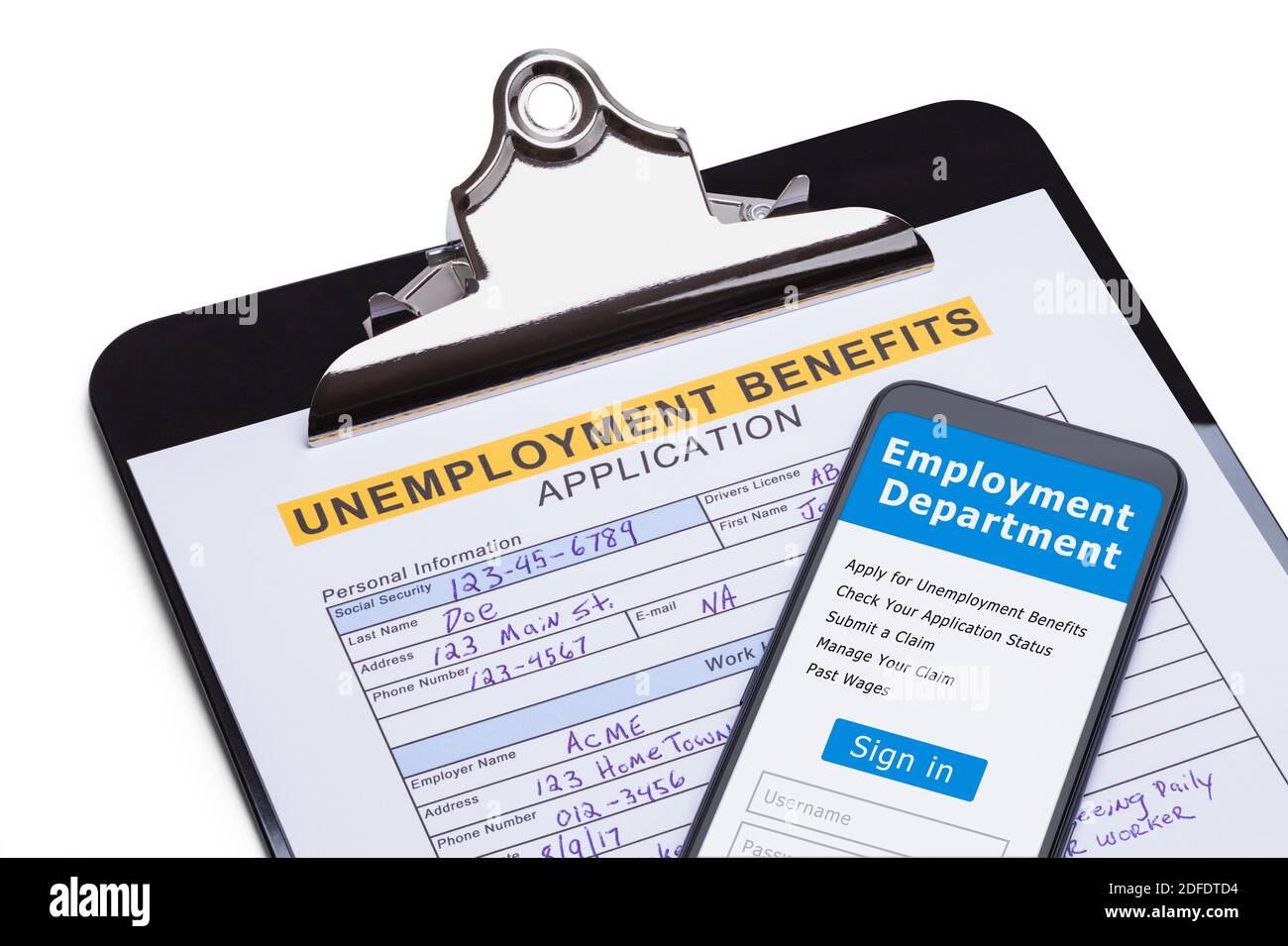Applicazione indennità di disoccupazione con smartphone. Foto Stock
