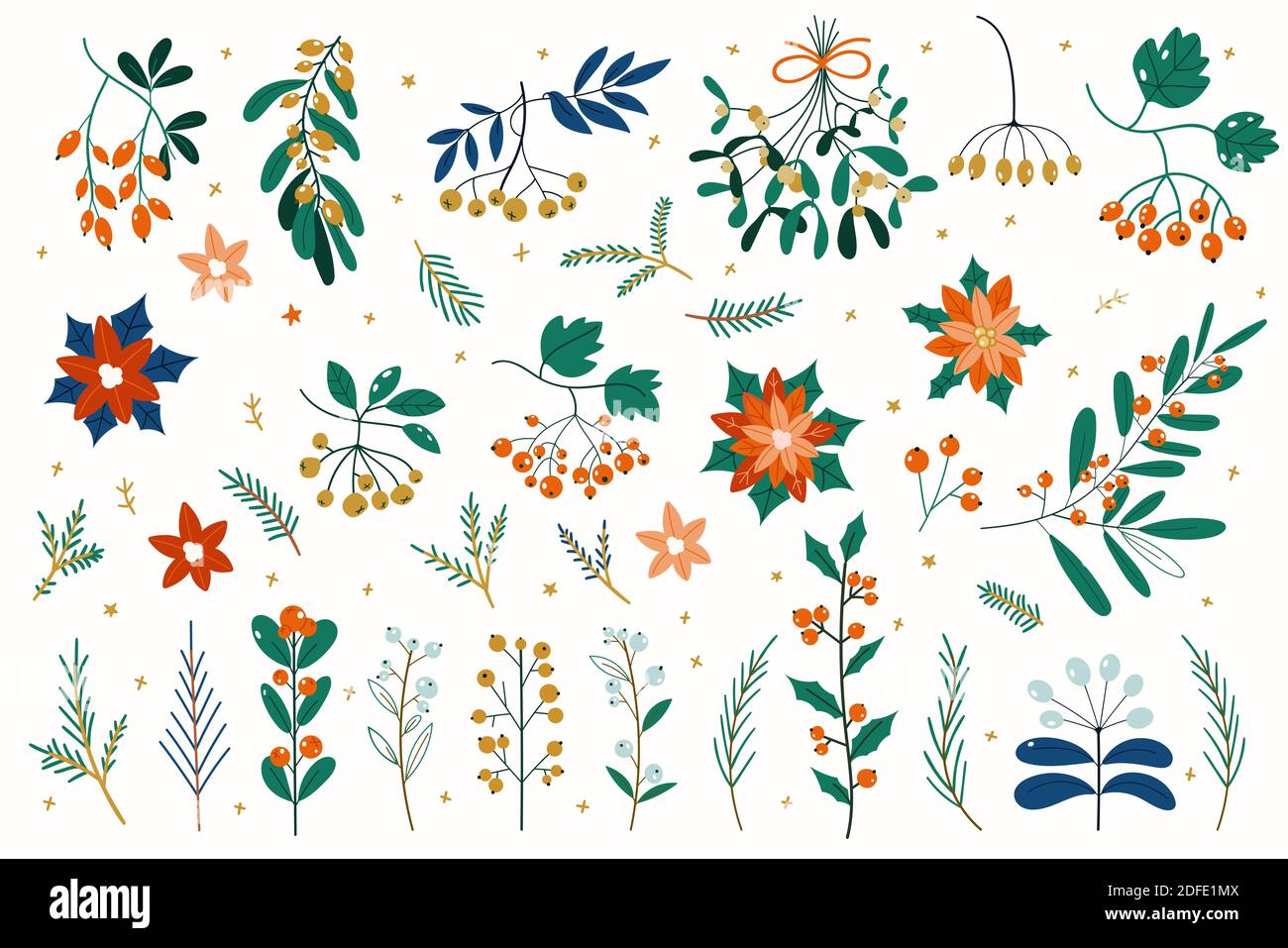 Piante vettoriali di Natale, bacche di agrifoglio, albero di natale, rowan, rami di foglie, decorazione di festa, simboli invernali. Collezione floreale di Natale con win Foto Stock