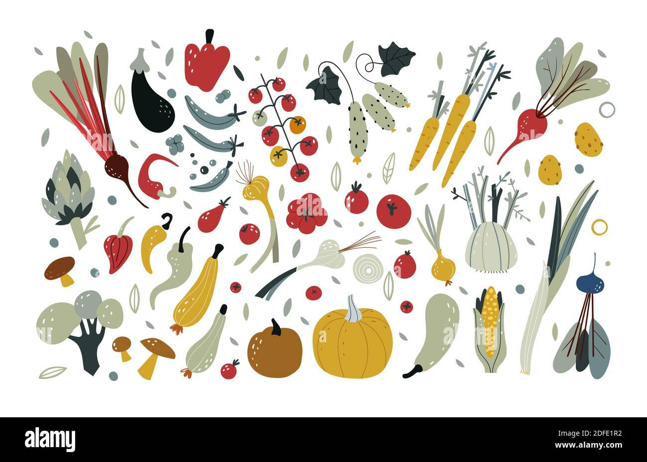 Set di verdure fresche. Cibo vegetariano. Illustrazioni vettoriali doodle disegnate a mano. Collezione di prodotti agricoli per menu ristorante, etichetta di mercato. Stile di schizzo Foto Stock