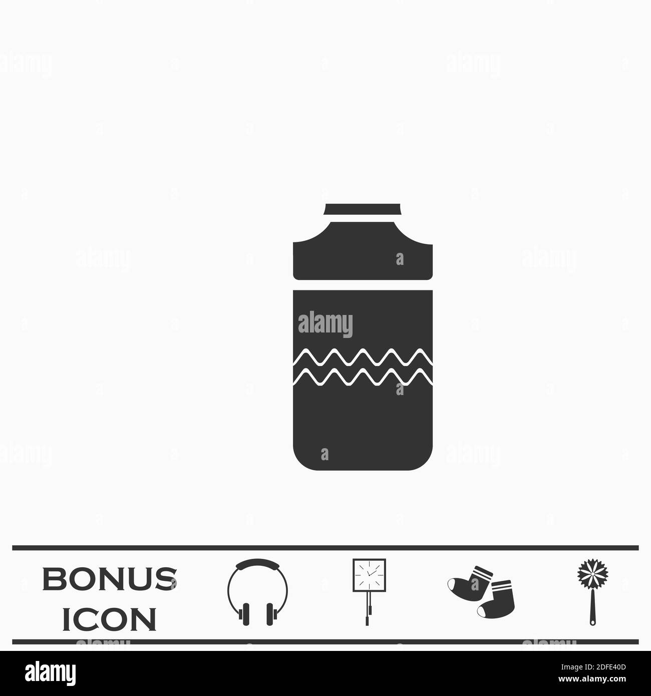 Icona del flacone di plastica piatta. Pittogramma nero su sfondo bianco. Simbolo dell'illustrazione vettoriale e pulsante bonus Illustrazione Vettoriale