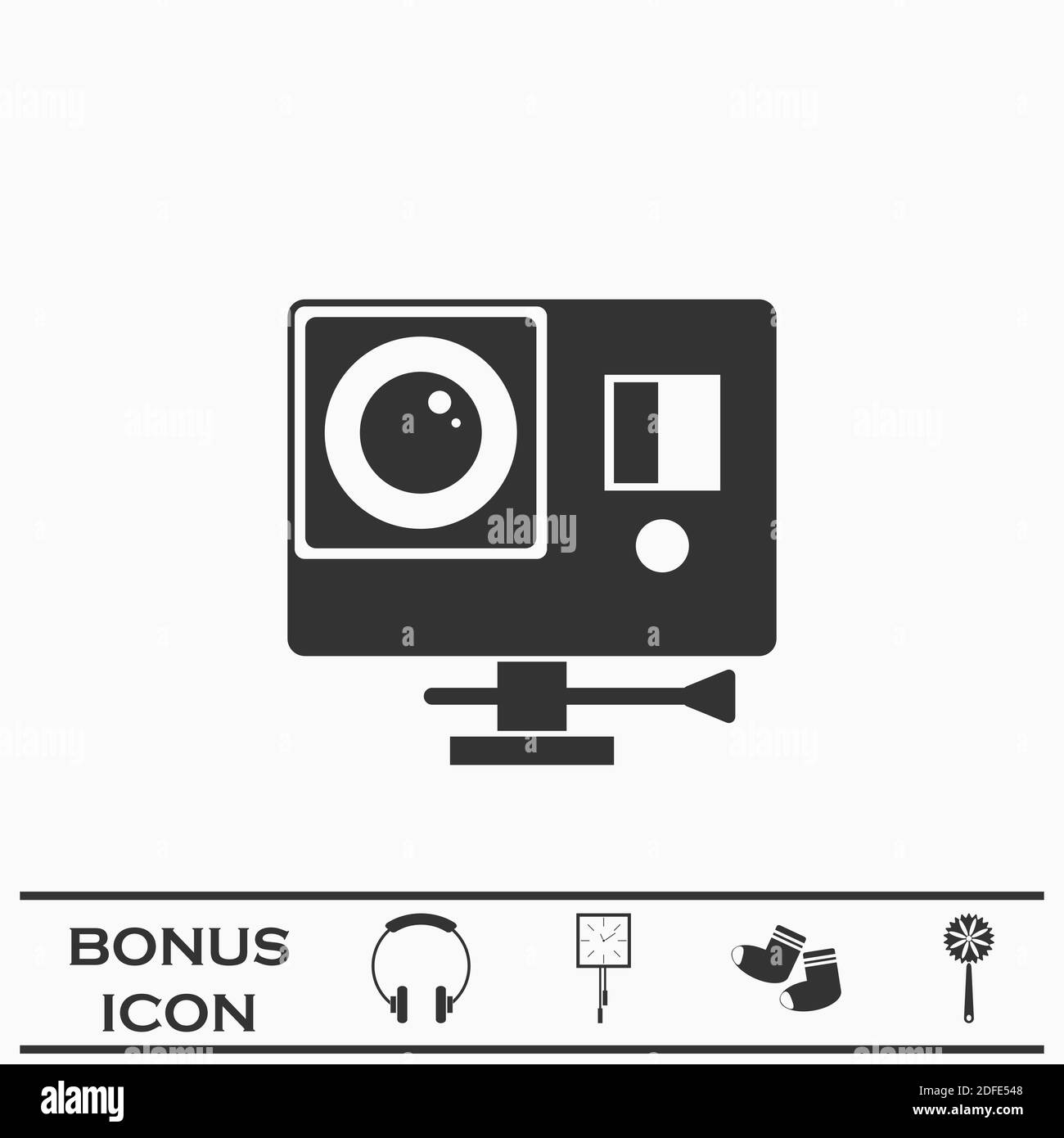 Icona della Action Camera piatta. Pittogramma nero su sfondo bianco. Simbolo dell'illustrazione vettoriale e pulsante bonus Illustrazione Vettoriale