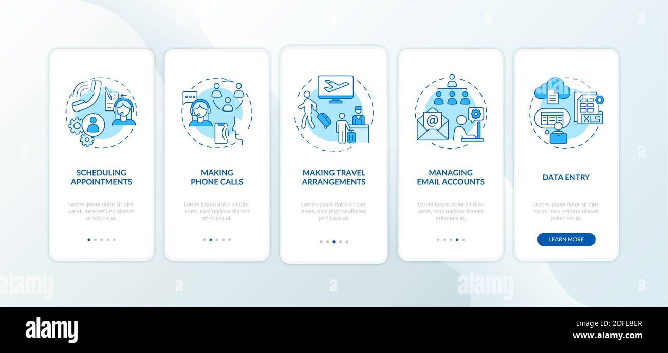 Schermata blu della pagina dell'app mobile di onboarding del manager con concetti Illustrazione Vettoriale