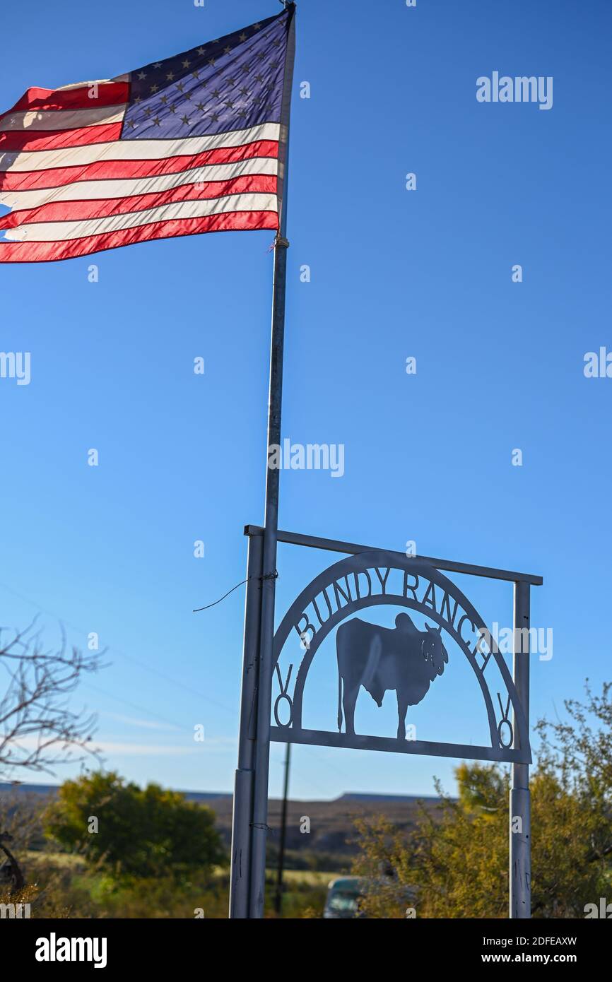 Vista dettagliata della segnaletica di Bundy Ranch, martedì 10 novembre 2020, Bunkerville, Never. (Dylan Stewart/immagine dello sport) Foto Stock