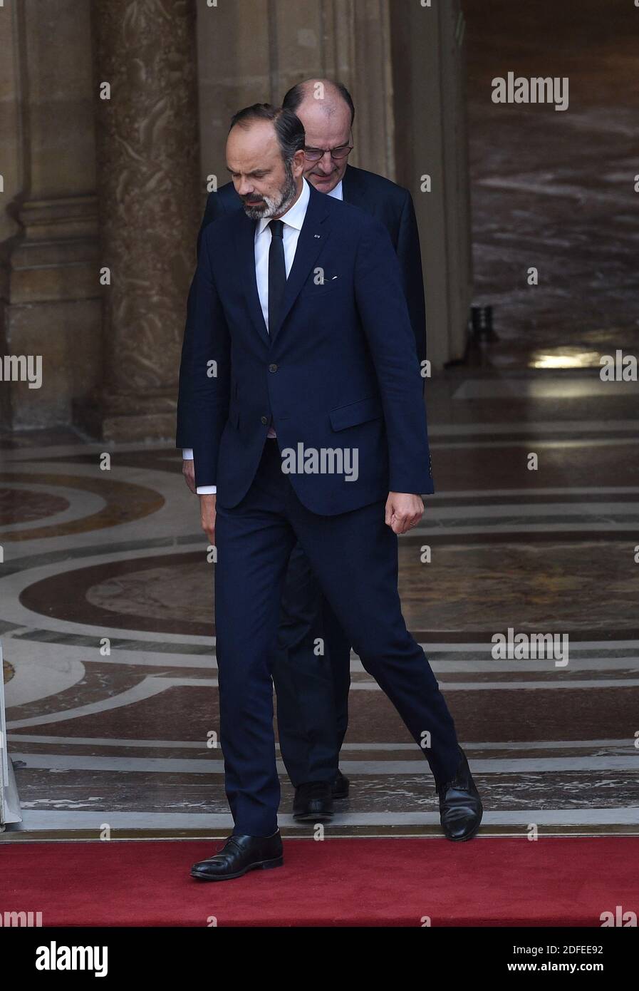 Il nuovo primo ministro francese Jean Castex è accolto dal suo predecessore Edouard Philippe all'Hotel de Matignon a Parigi, Francia, il 3 luglio 2020 durante una cerimonia ufficiale di consegna. Foto di Eliot Blondt/ABACAPRESS.COM Foto Stock