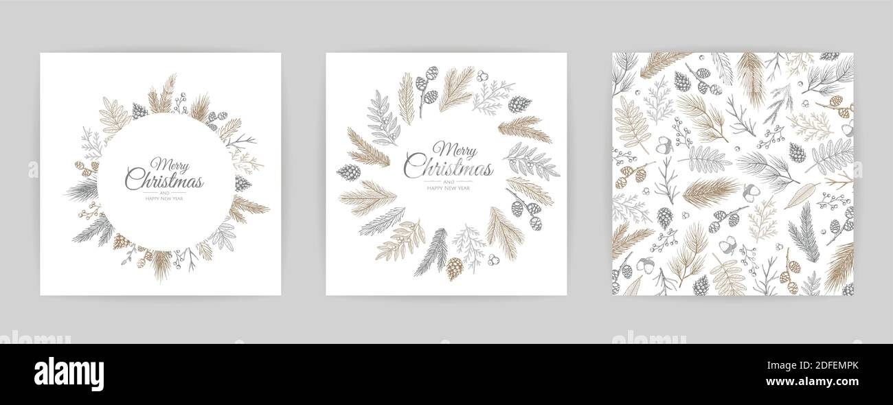 Set di carte di Natale vettoriali. Progettazione di modelli di carte per feste Illustrazione Vettoriale