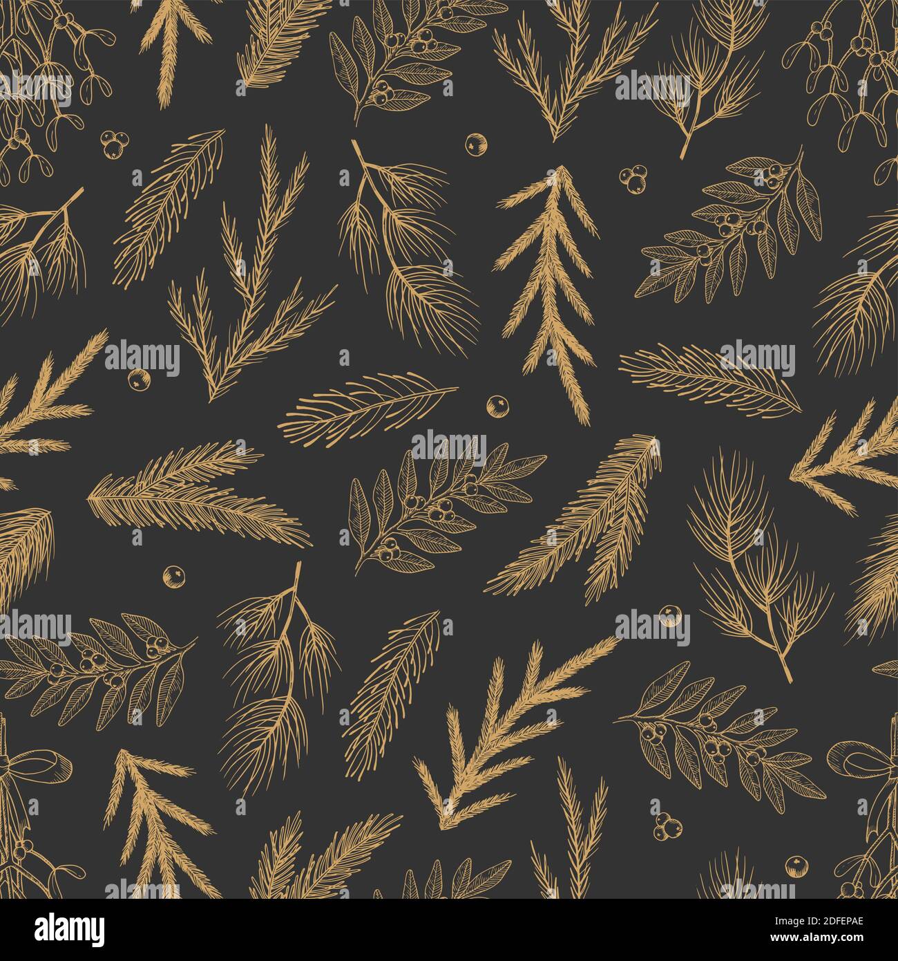 Xmas Seamless pattern con decorazioni natalizie, rami di pino disegnati a mano art design illustrazione vettoriale. Illustrazione Vettoriale