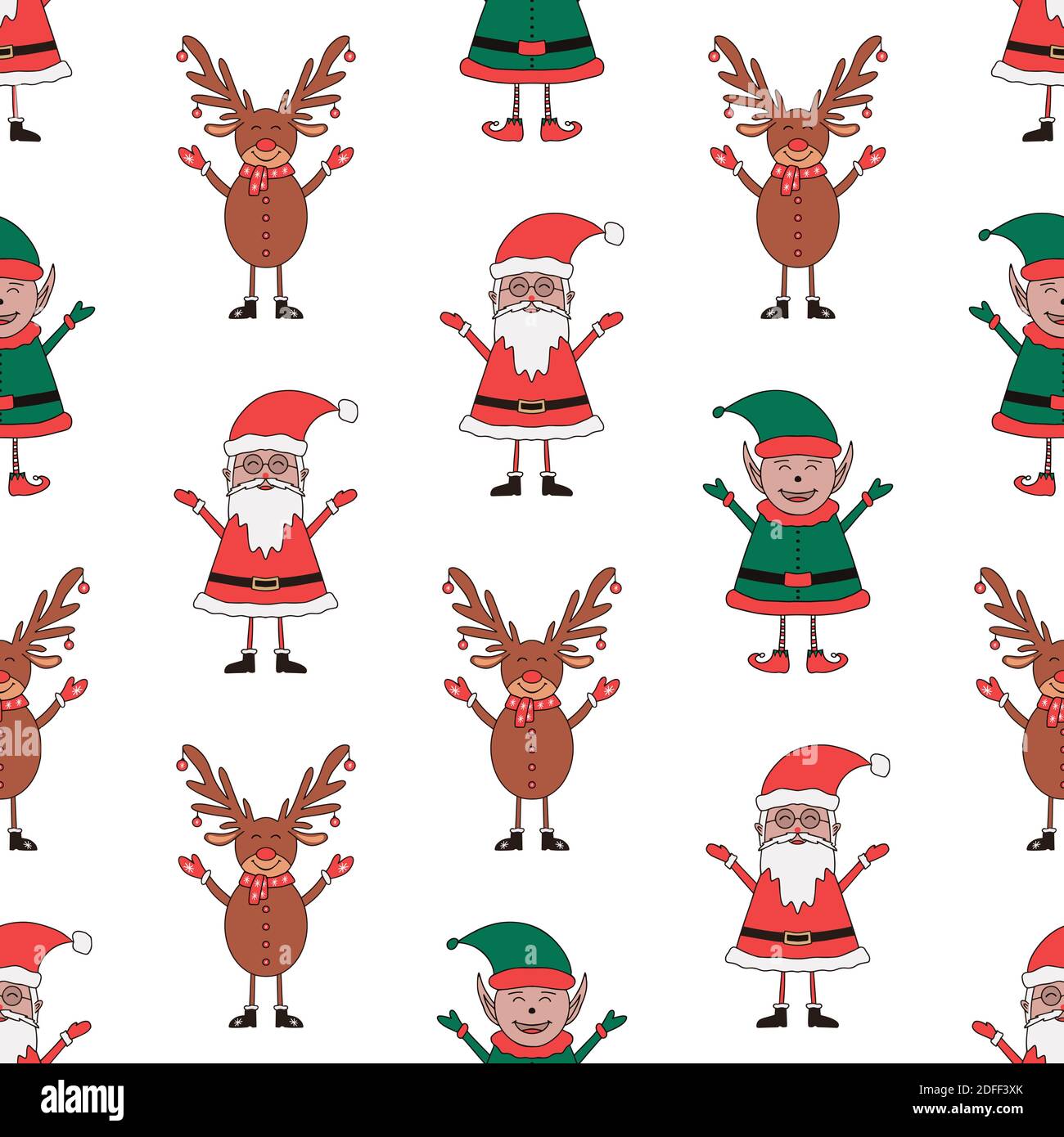 Motivo natalizio senza cuciture realizzato con personaggi di Babbo Natale, Elf e Deer su sfondo bianco. Illustrazione Vettoriale