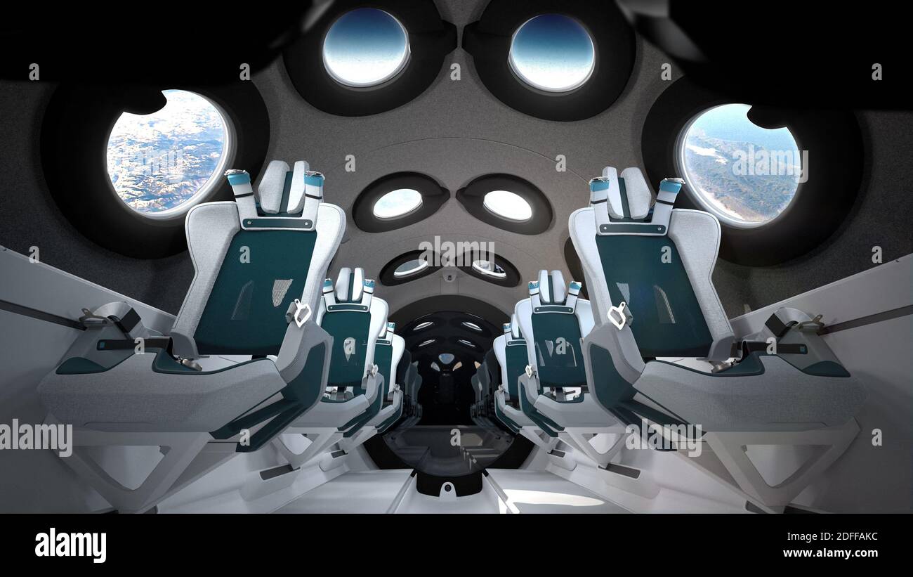 Distribuire la foto dell'interno della cabina Spaceship Virgin Galactic . Virgin Galactic sta per iniziare una serie chiave di voli di prova motorizzati del suo aereo a razzo passeggero. Il veicolo Unity dell'azienda ha finora effettuato solo voli in volo di volo in volo dopo essere stato trasferito nella sua base operativa nel New Mexico all'inizio di quest'anno. Le salite motorizzate vedranno l'unità accendere il suo motore a razzo ibrido per salire al bordo dello spazio. Questi test costituiranno la tappa per Virgin Galactic per introdurre il suo servizio commerciale. Spaceport America, NM, USA, 28 luglio 2020. Foto di Virgin Galactic via ABACAPRESS.COM Foto Stock