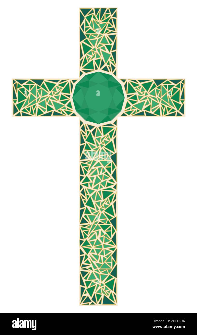 Croce in vetro colorato a mosaico. Gioielleria croce dorata con smeraldo. Illustrazione vettoriale isolata. Illustrazione Vettoriale