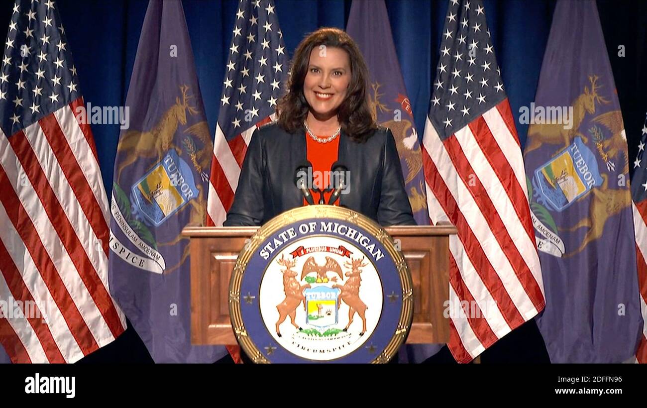 In questa immagine del video feed della Convenzione Nazionale Democratica, il Governatore Gretchen Whitmer (democratico del Michigan) fa osservazioni sulla prima notte della convenzione lunedì 17 agosto 2020. Foto di Democratic National Convention via CNP/ABACAPRESS.COM Foto Stock