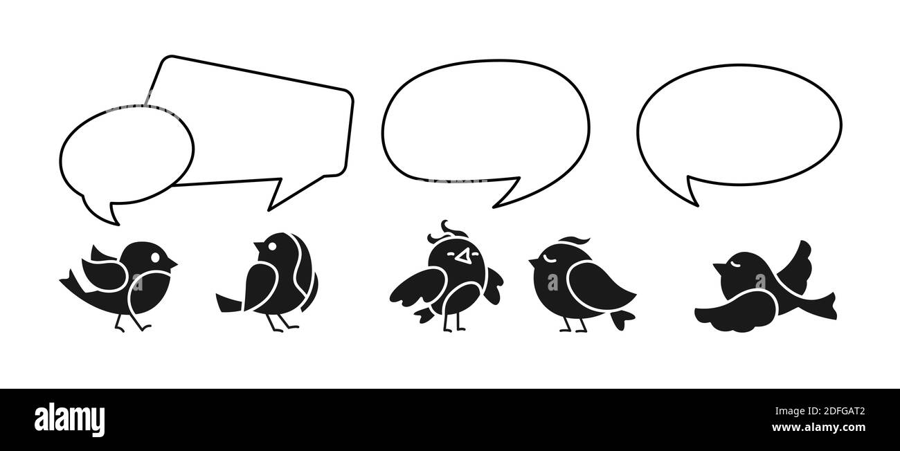 Uccelli che comunicano con il gruppo di bolle del parlato di dialogo. Black Bird, offerta di sconto bolla linea. Elementi di disegno fumetti vuoti, banner chat, modello di pagina. Illustrazione del vettore di notifica della vendita promozionale Illustrazione Vettoriale