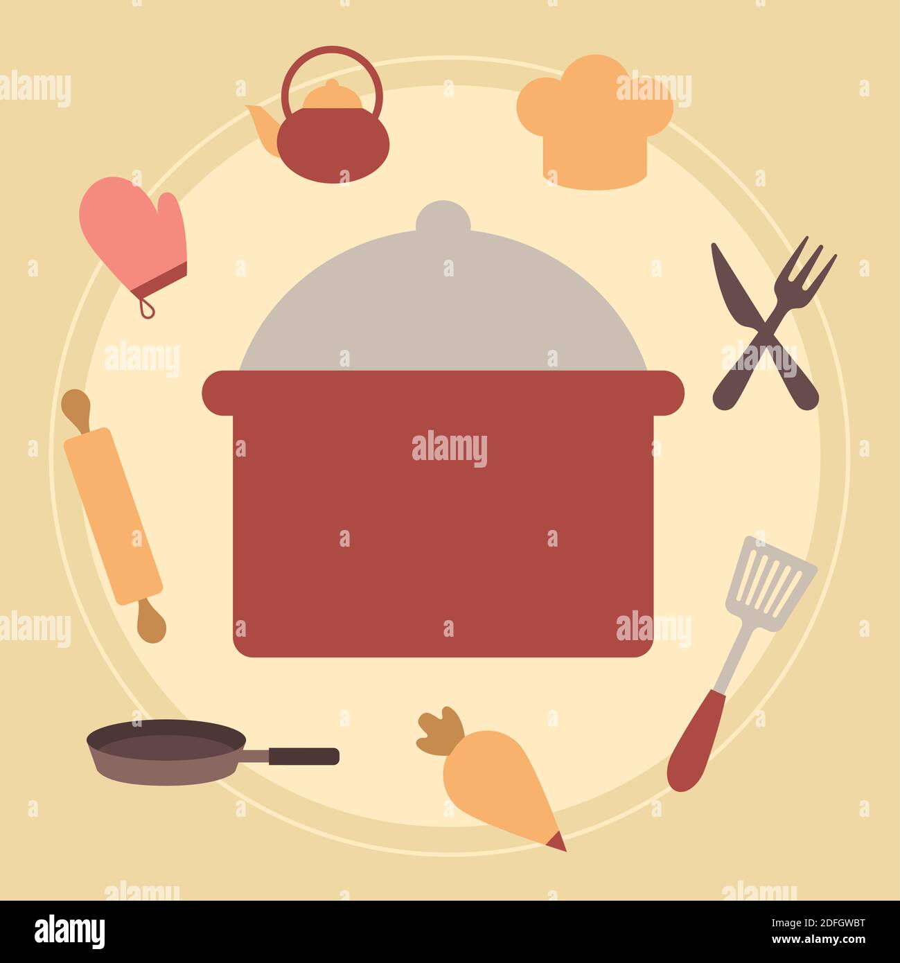 pentola da cucina con un fascio di icone di cottura intorno a lui Illustrazione Vettoriale