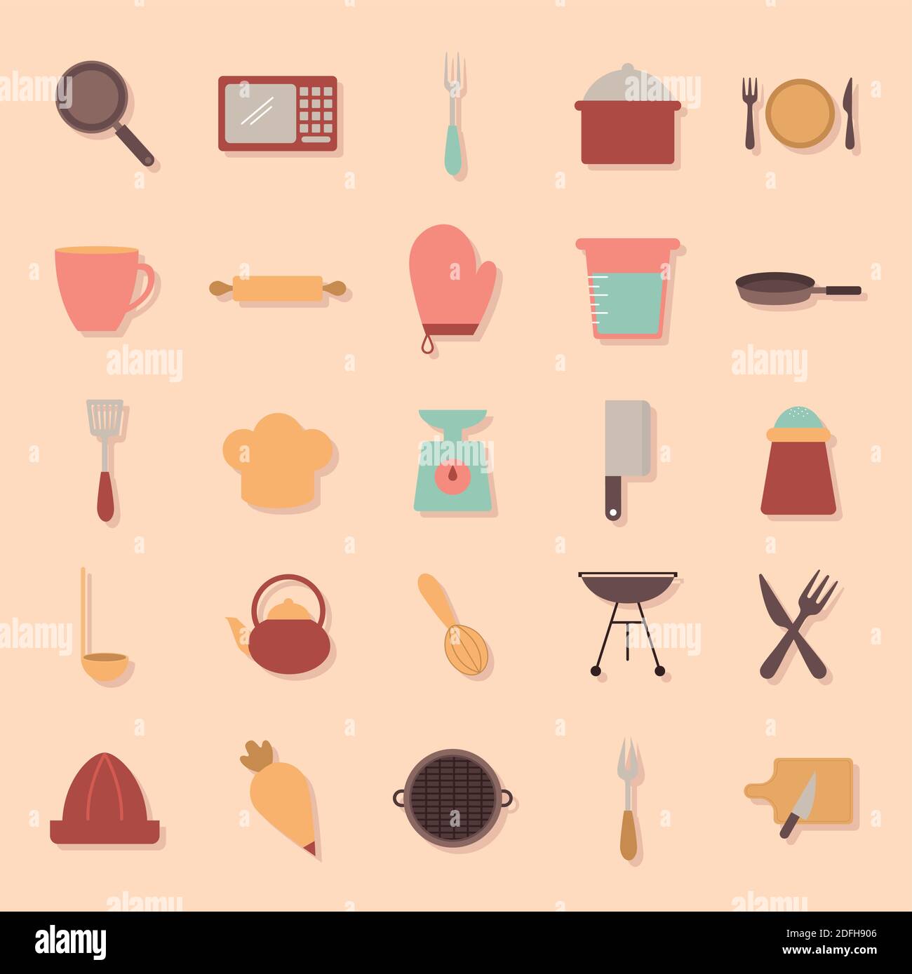 gruppo di icone di cottura su sfondo arancione Illustrazione Vettoriale