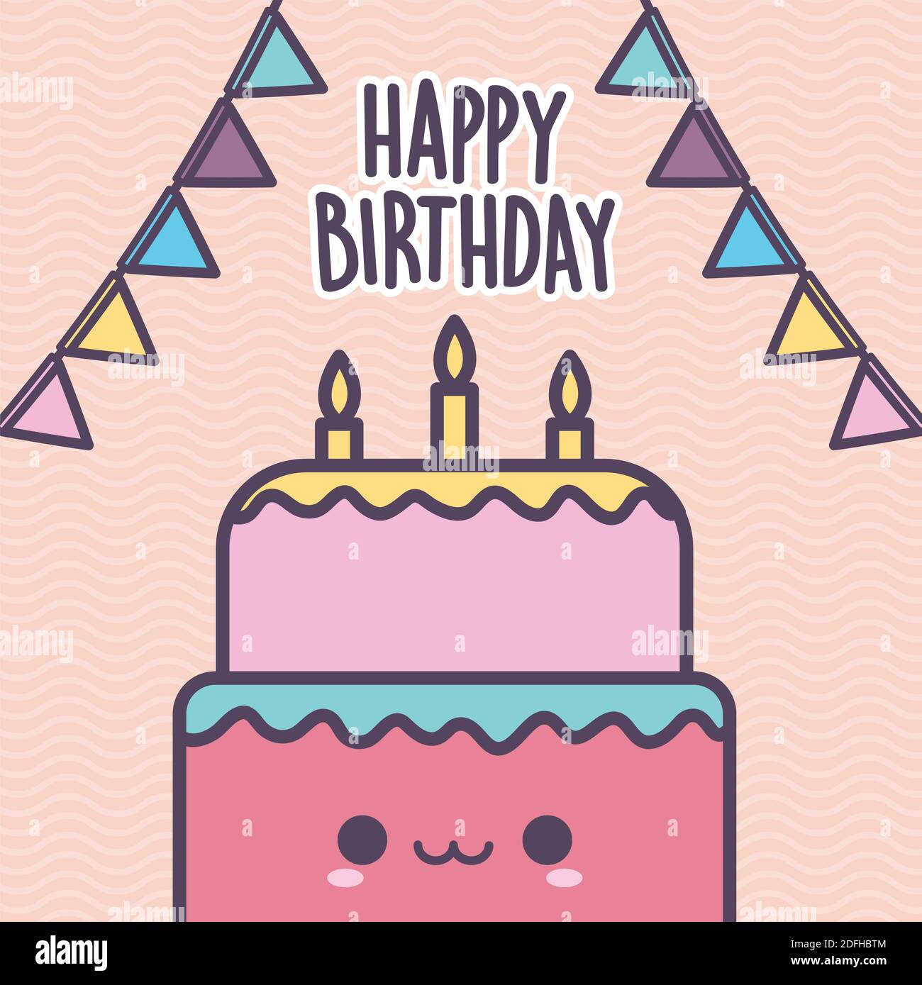 felice scritta di compleanno con una torta di compleanno Illustrazione Vettoriale