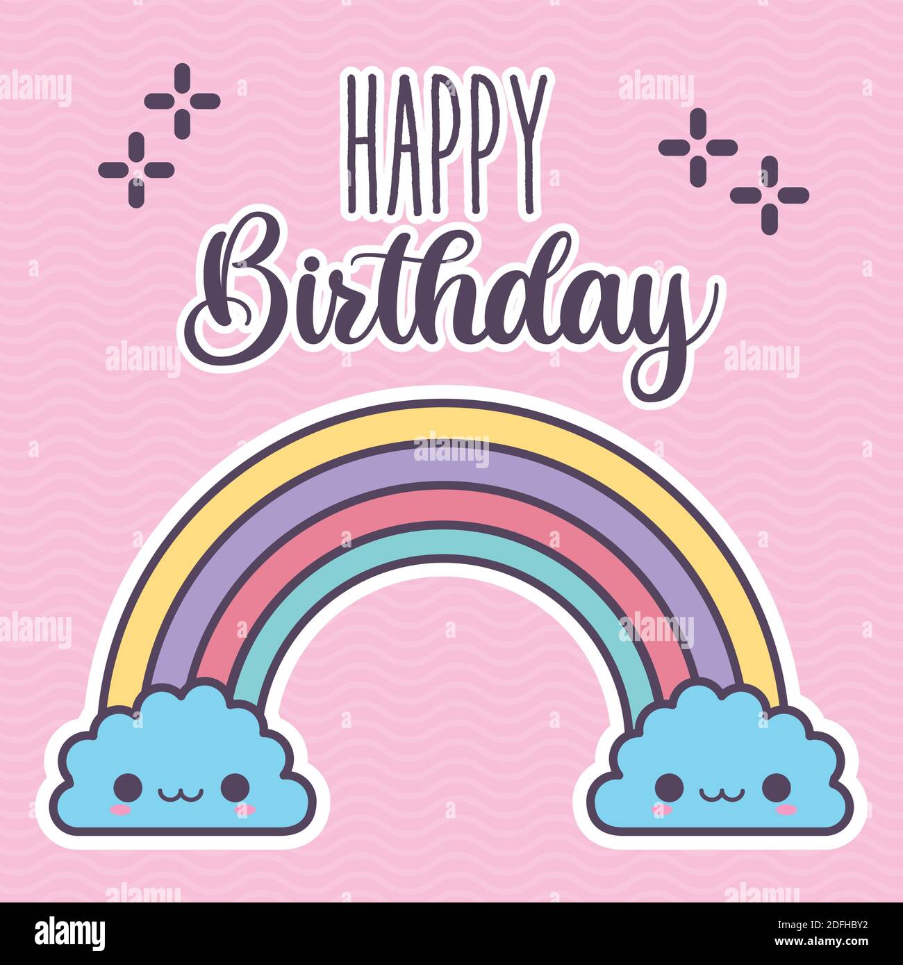 felice scritta di compleanno e arcobaleno con due nuvole blu sorridenti Illustrazione Vettoriale