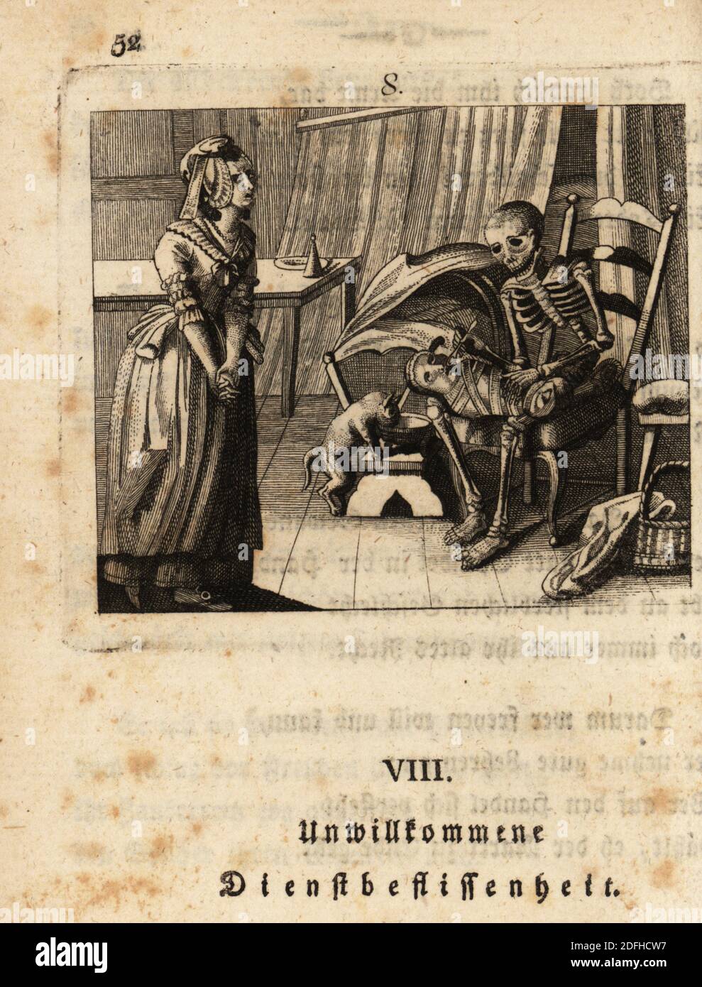 Lo scheletro della morte, Freund Hans, nutre un bambino in abiti ondolanti con un cucchiaio, 18 ° secolo. La madre guarda con orrore, e un gatto leccano il latte da una ciotola accanto al presepe. La morte e il bambino in abiti ondolanti. Zelo ingradito. Unwillfommene Diestbeflissenheit. Incisione su copperplate di Johan Georg Mansfeld dopo un originale di Johann Rudolf Schellenberg da Johan Kark Musaus Freund Heins Erscheinungen a Holbeins Manier, (apparizioni di morte alla maniera di Holbein) Mannheim, 1803. Foto Stock
