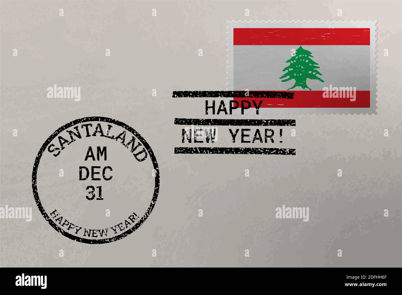 Busta con francobollo con bandiera libanese e francobolli di Capodanno, immagine vettoriale Illustrazione Vettoriale